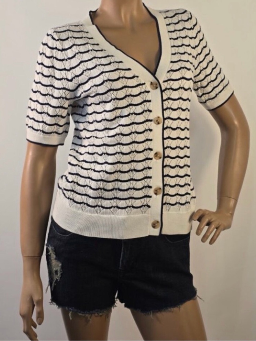 J. Crew Beige Short-Sleeve Knit Cardigan with Black Trim - Picture 2 of 6